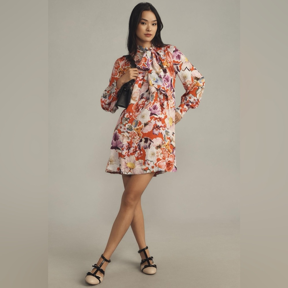 The Caroline Tie-Neck Mini Dress by Maeve Floral Multicolor Dress